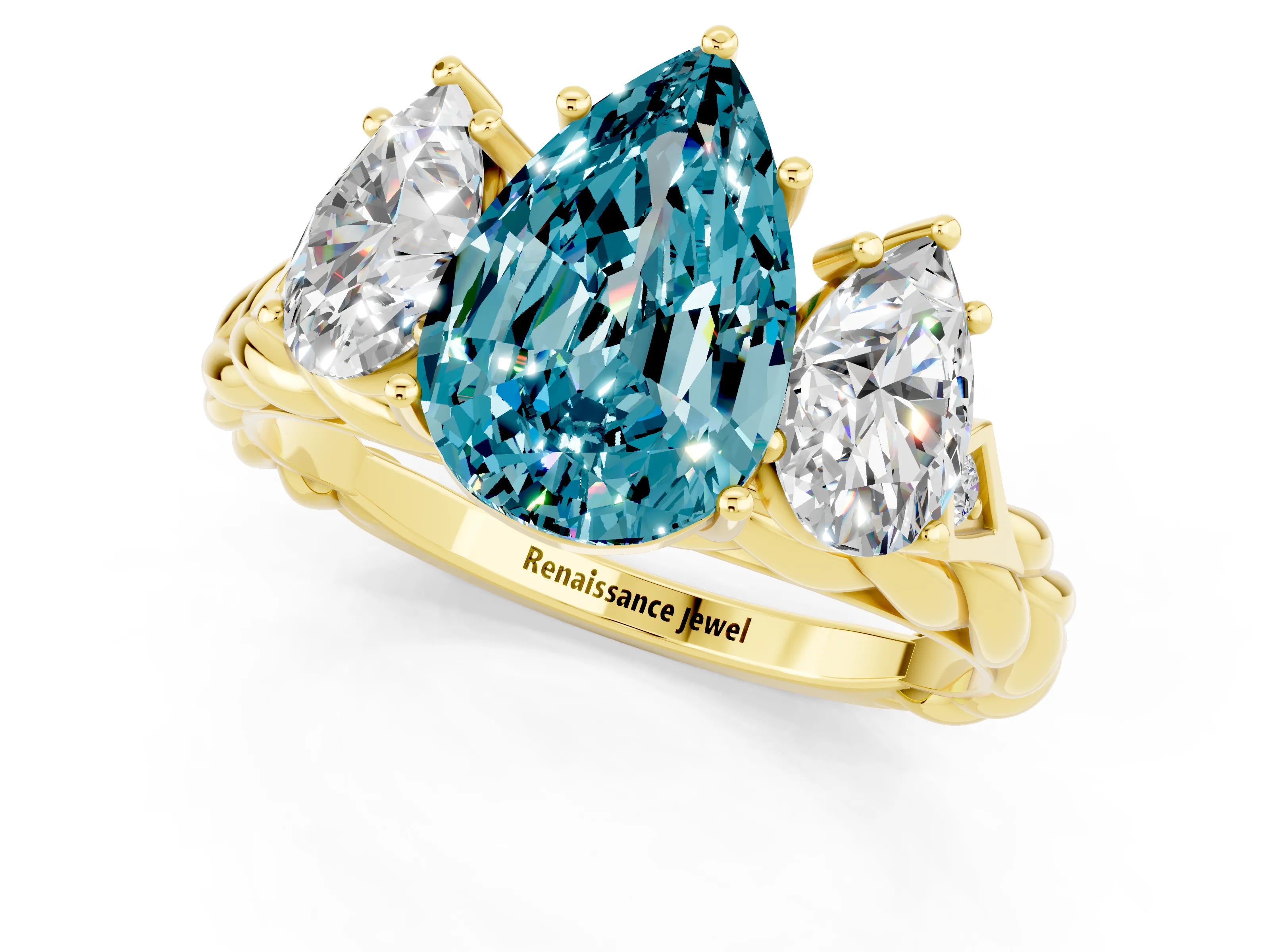 Yellow gold Three-Stone Pear Cut Blue Topaz Braided Band Ring with Four-Prong Setting_13