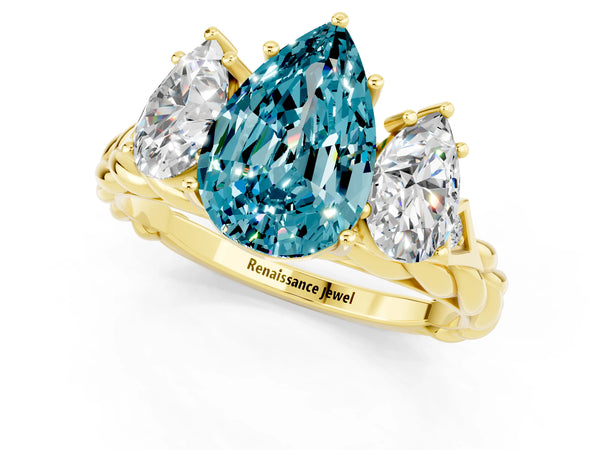 Yellow gold Three-Stone Pear Cut Blue Topaz Braided Band Ring with Four-Prong Setting