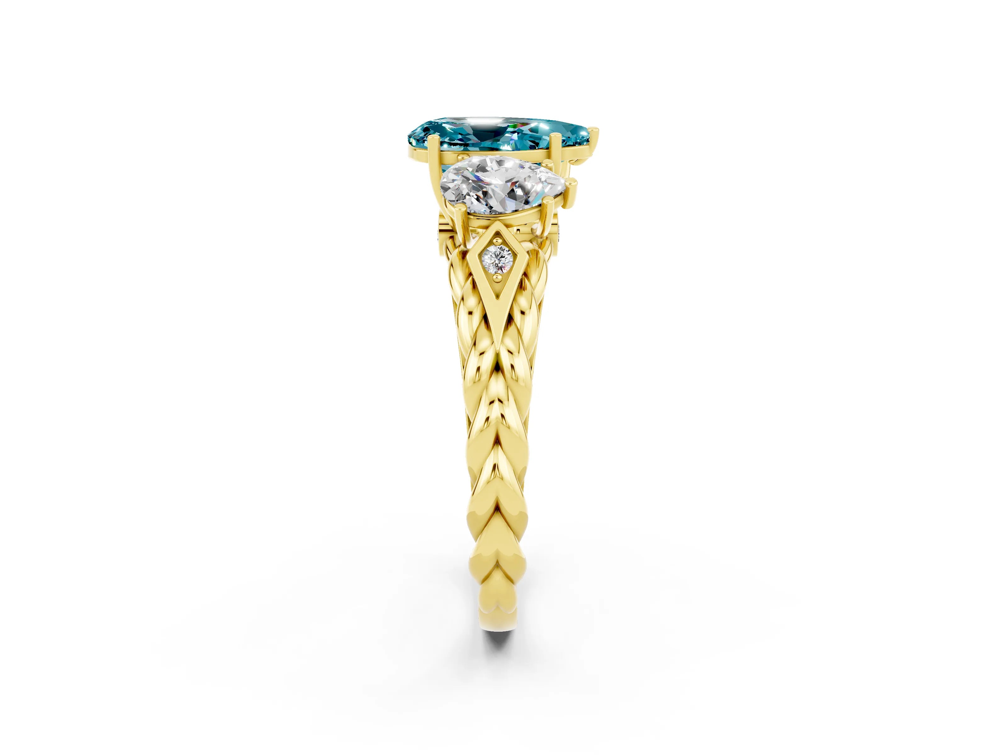 Yellow gold Three-Stone Pear Cut Blue Topaz Braided Band Ring with Four-Prong Setting_14