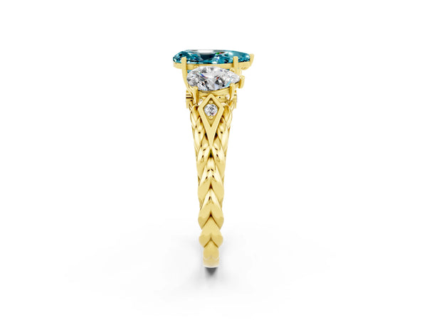 Yellow gold Three-Stone Pear Cut Blue Topaz Braided Band Ring with Four-Prong Setting