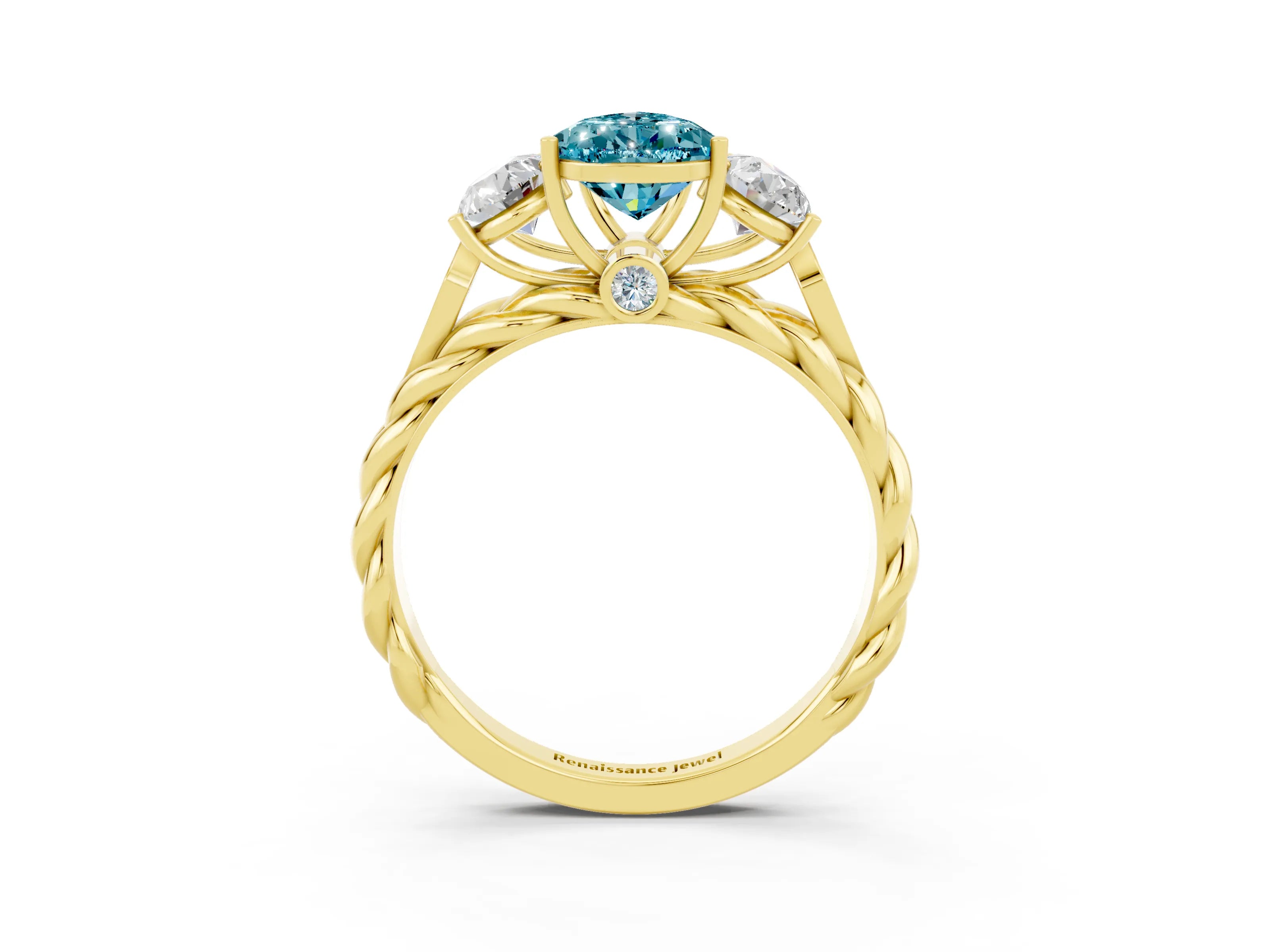 Yellow gold Three-Stone Pear Cut Blue Topaz Braided Band Ring with Four-Prong Setting_15