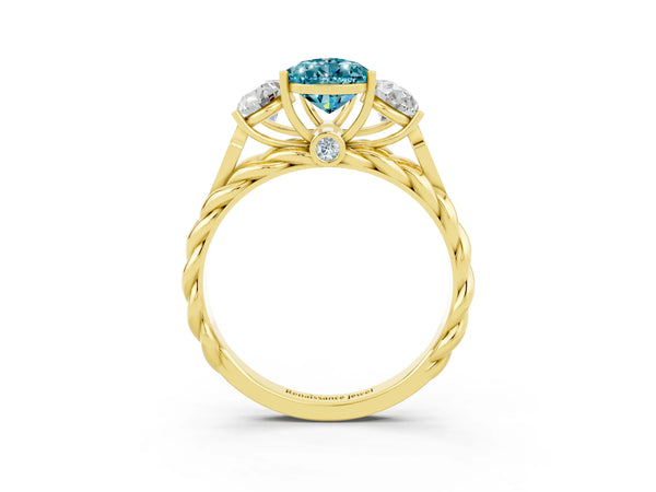 Yellow gold Three-Stone Pear Cut Blue Topaz Braided Band Ring with Four-Prong Setting