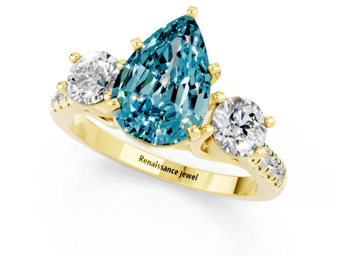 Yellow gold Three-Stone Pear Cut Blue Topaz Pavé Band with Four-Prong Setting_1