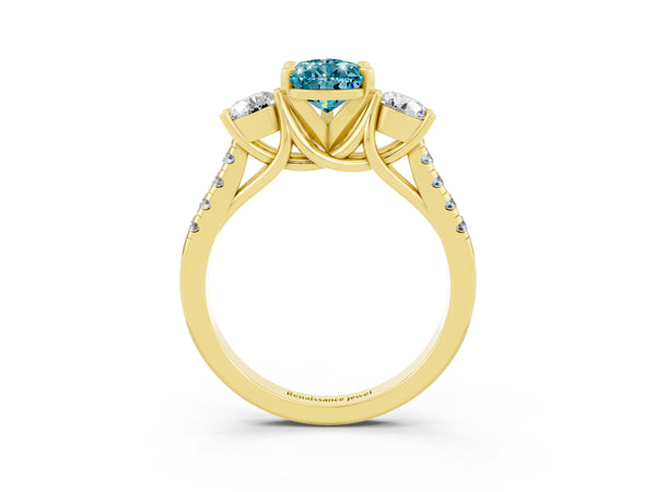 Yellow gold Three-Stone Pear Cut Blue Topaz Pavé Band with Four-Prong Setting