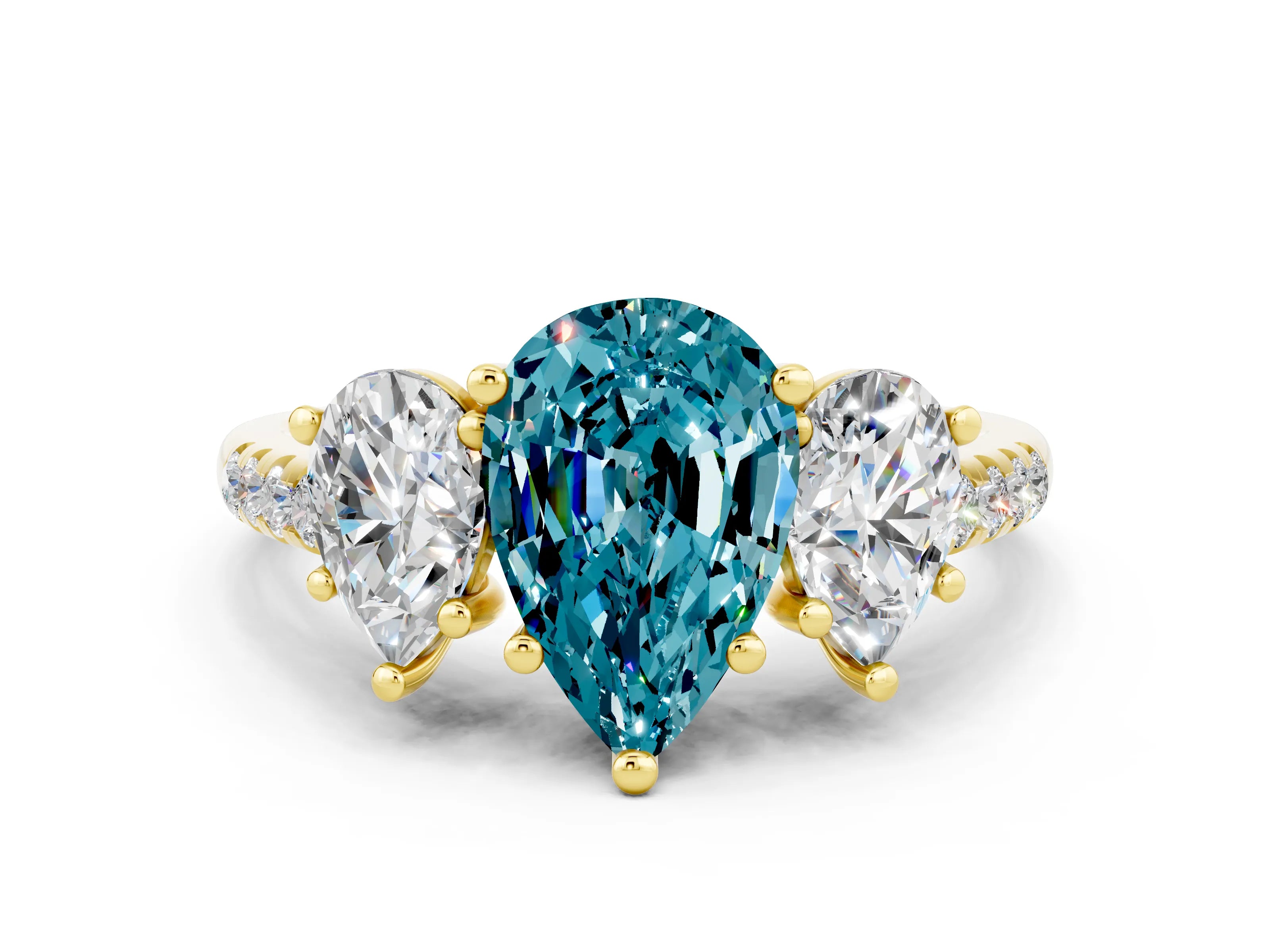 Yellow gold Three-Stone Pear Cut Blue Topaz Ring with Pavé Band and Prong Setting_12