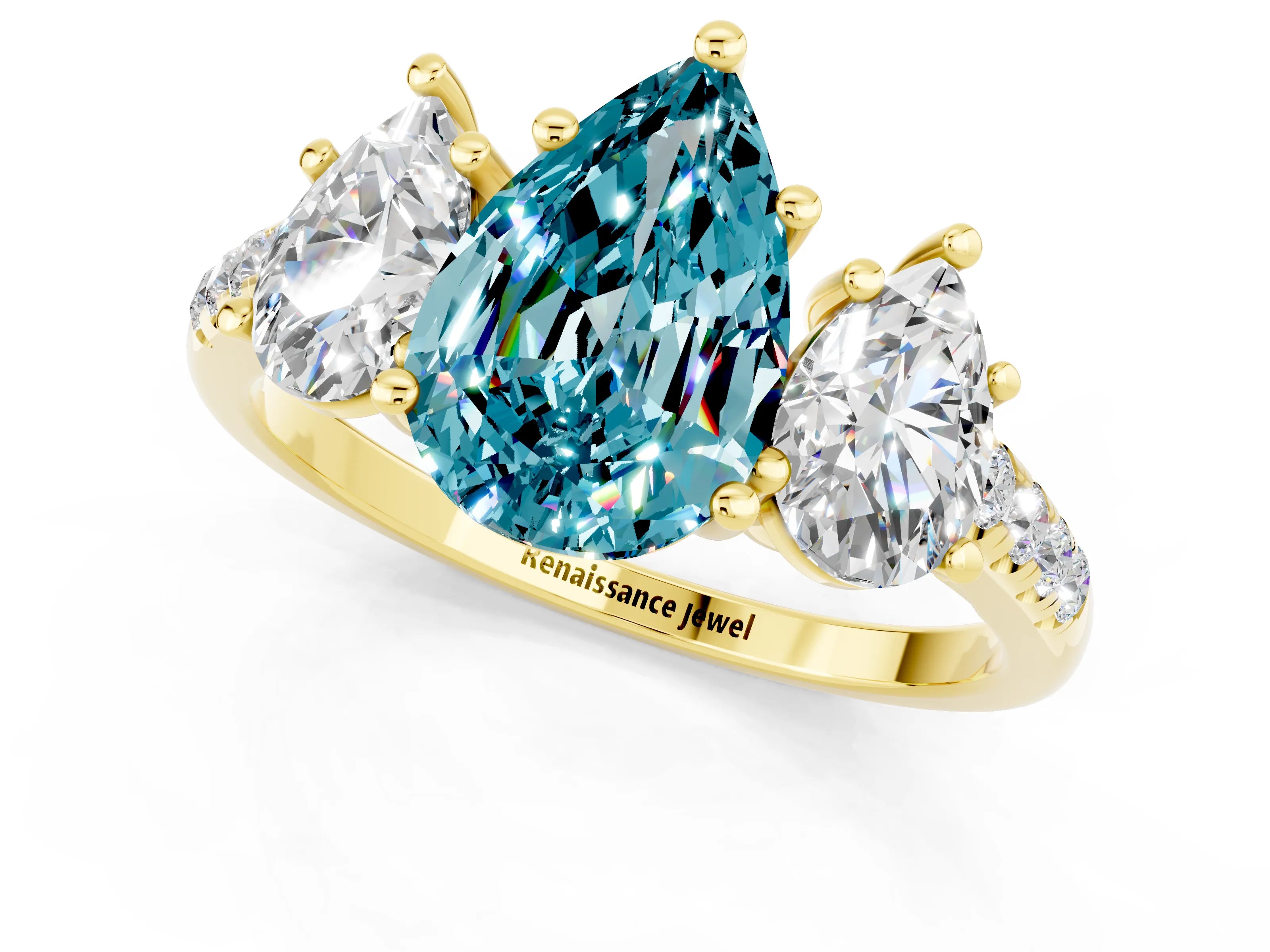 Yellow gold Three-Stone Pear Cut Blue Topaz Ring with Pavé Band and Prong Setting_13
