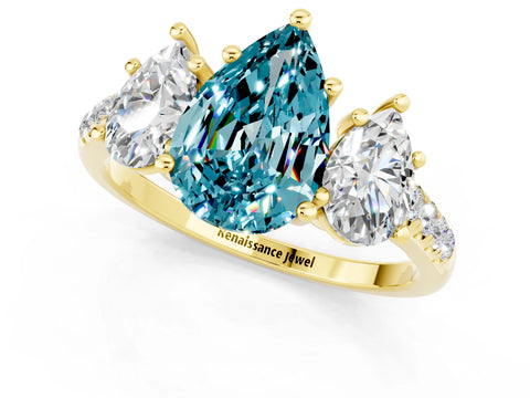 Yellow gold Three-Stone Pear Cut Blue Topaz Ring with Pavé Band and Prong Setting_13