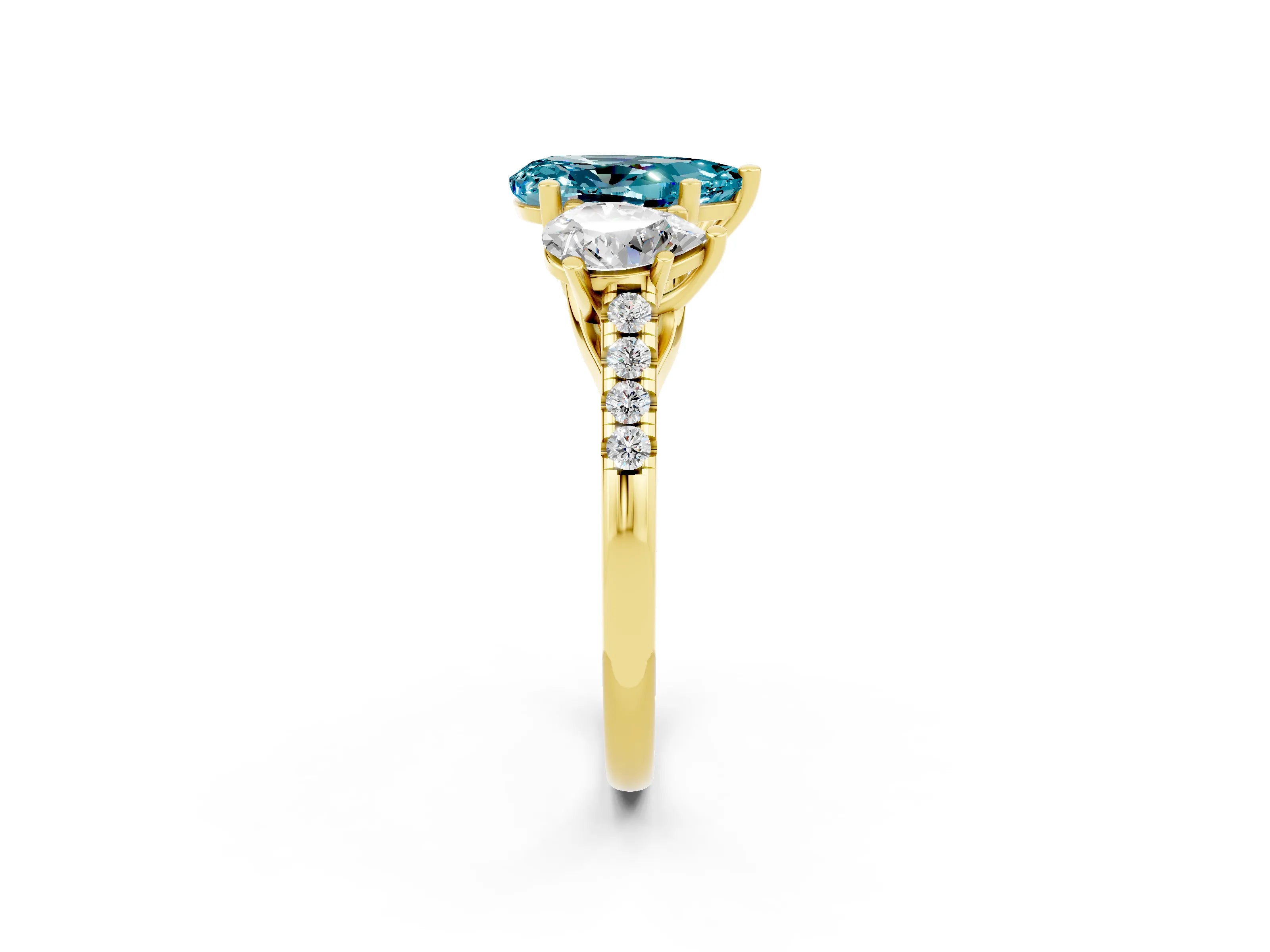Yellow gold Three-Stone Pear Cut Blue Topaz Ring with Pavé Band and Prong Setting_14