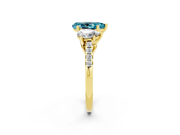 Yellow gold Three-Stone Pear Cut Blue Topaz Ring with Round  Pavé Band and Prong Setting