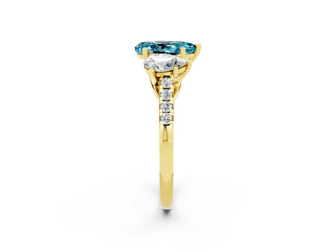 Yellow gold Three-Stone Pear Cut Blue Topaz Ring with Pavé Band and Prong Setting_14