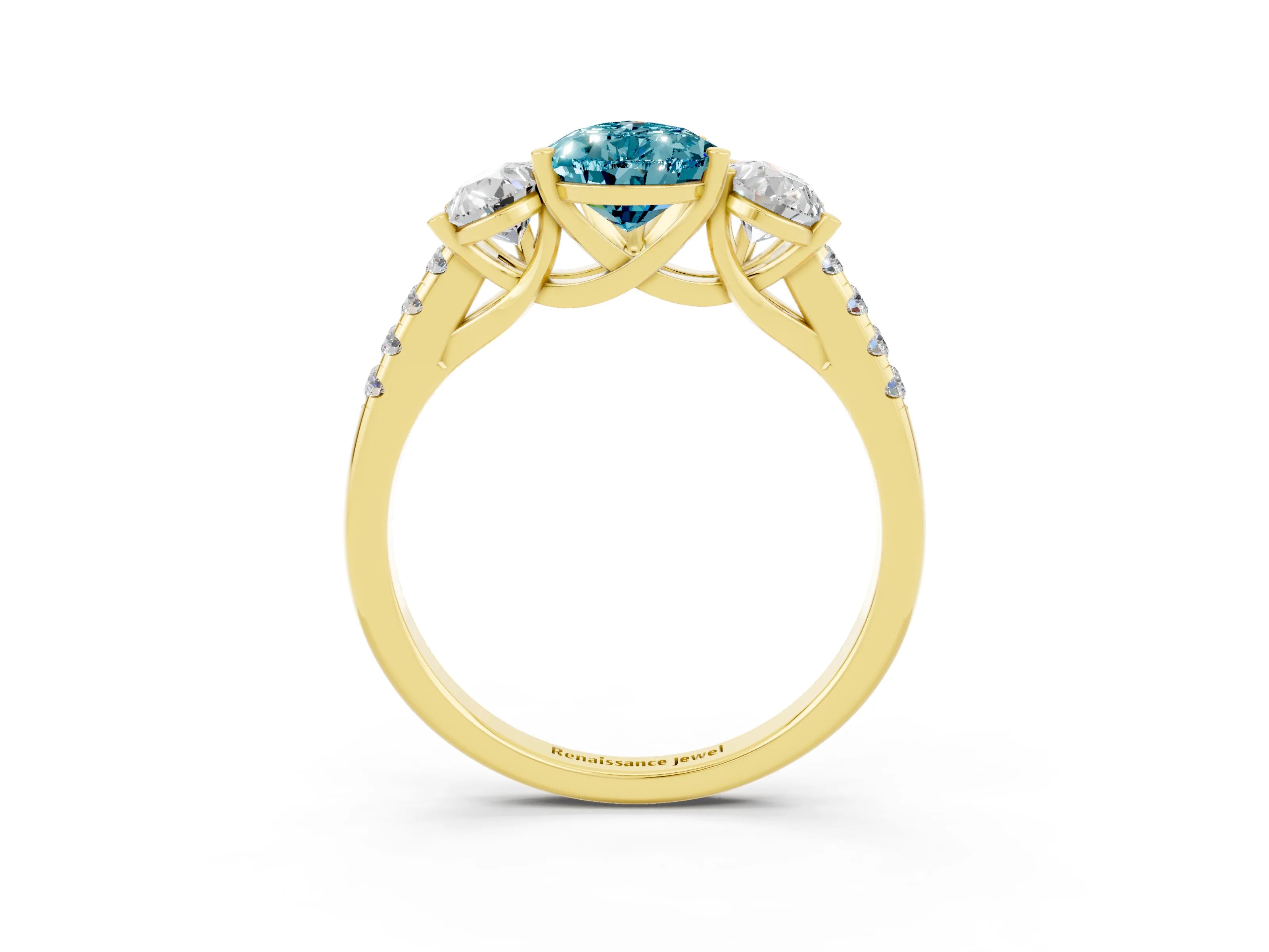 Yellow gold Three-Stone Pear Cut Blue Topaz Ring with Pavé Band and Prong Setting_15