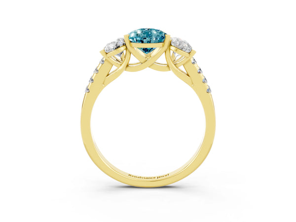Yellow gold Three-Stone Pear Cut Blue Topaz Ring with Round  Pavé Band and Prong Setting