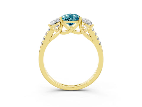 Yellow gold Three-Stone Pear Cut Blue Topaz Ring with Pavé Band and Prong Setting_15