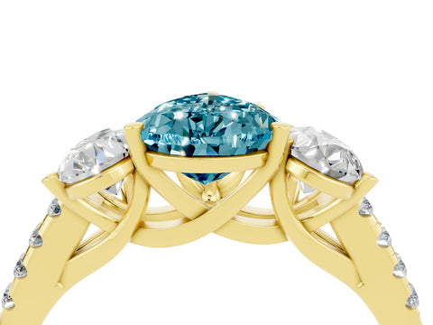 Yellow gold Three-Stone Pear Cut Blue Topaz Ring with Pavé Band and Prong Setting_16