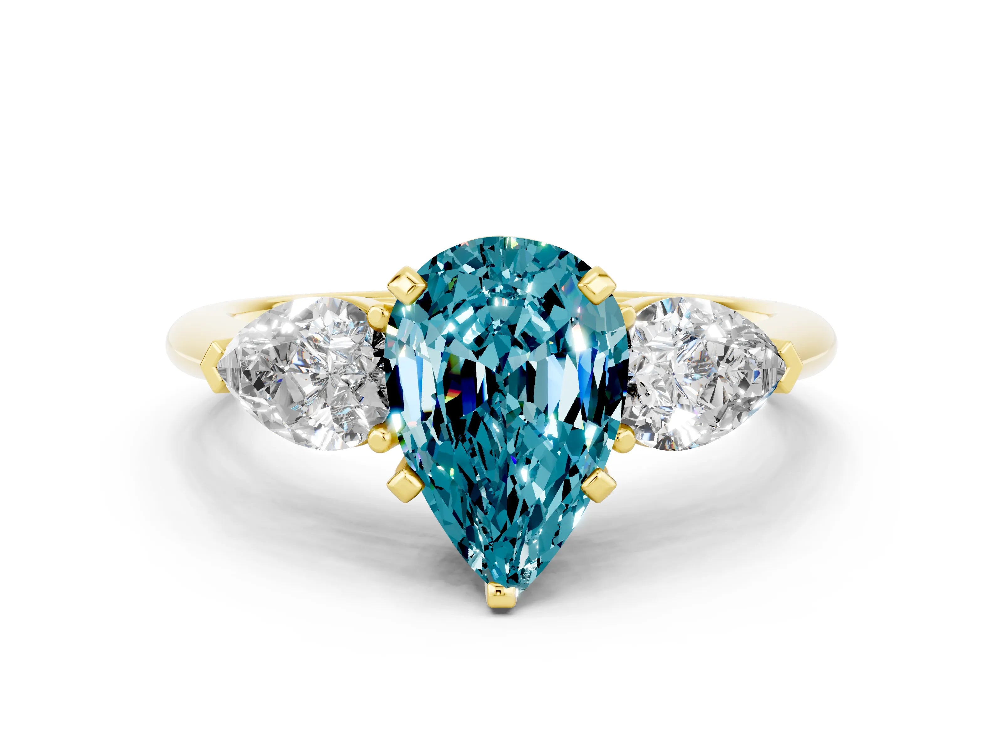 Yellow gold Three-Stone Pear Cut Blue Topaz Ring with Pear Side Stones and Four-Prong Setting