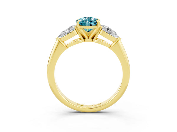 Yellow gold Three-Stone Pear Cut Blue Topaz Ring with Pear Side Stones and Four-Prong Setting
