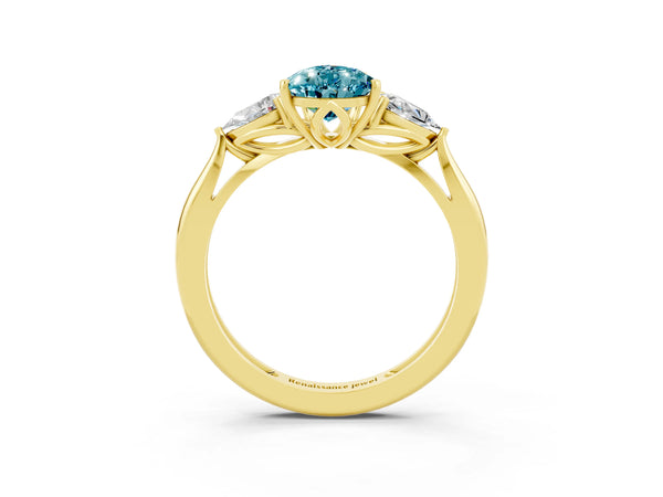 Yellow gold Three-Stone Pear Cut Blue Topaz Ring with Pear  Side Stones in Four-Prong Setting