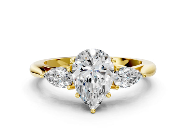 Yellow gold Three-Stone Pear Cut Brilliant Diamond Solitaire Ring with Tapered Band and Four-Prong Setting