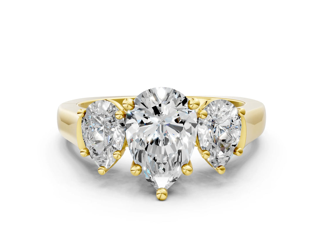 Yellow gold Three-Stone Pear Cut Brilliant Diamond Trellis Ring with Comfort Fit Band_7
