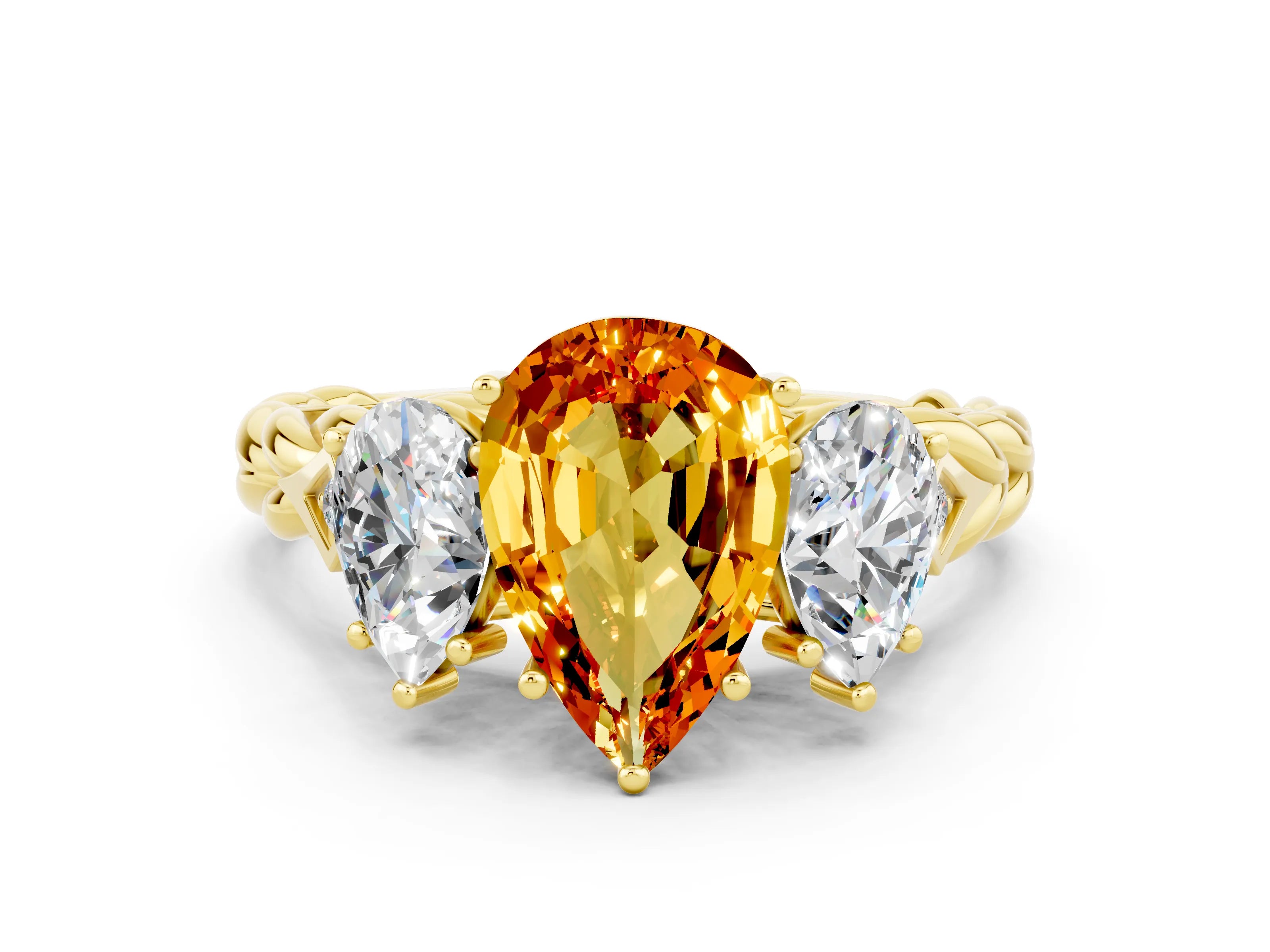 Yellow gold Three-Stone Pear Cut Citrine Braided Band Ring with Four-Prong Setting_12