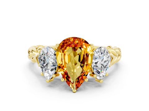Yellow gold Three-Stone Pear Cut Citrine Braided Band Ring with Four-Prong Setting_12
