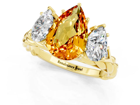 Yellow gold Three-Stone Pear Cut Citrine Braided Band Ring with Four-Prong Setting_13