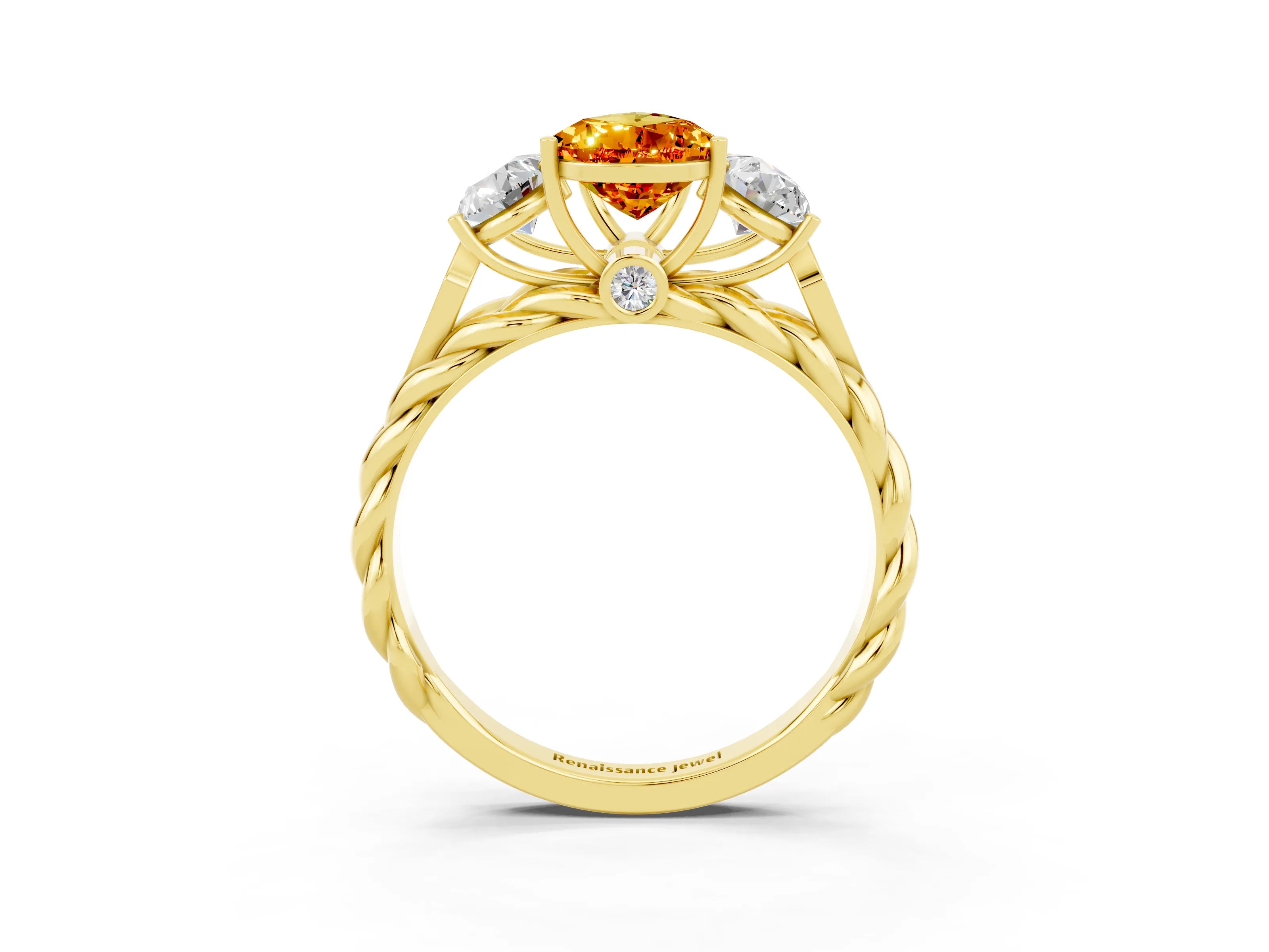 Yellow gold Three-Stone Pear Cut Citrine Braided Band Ring with Four-Prong Setting_15