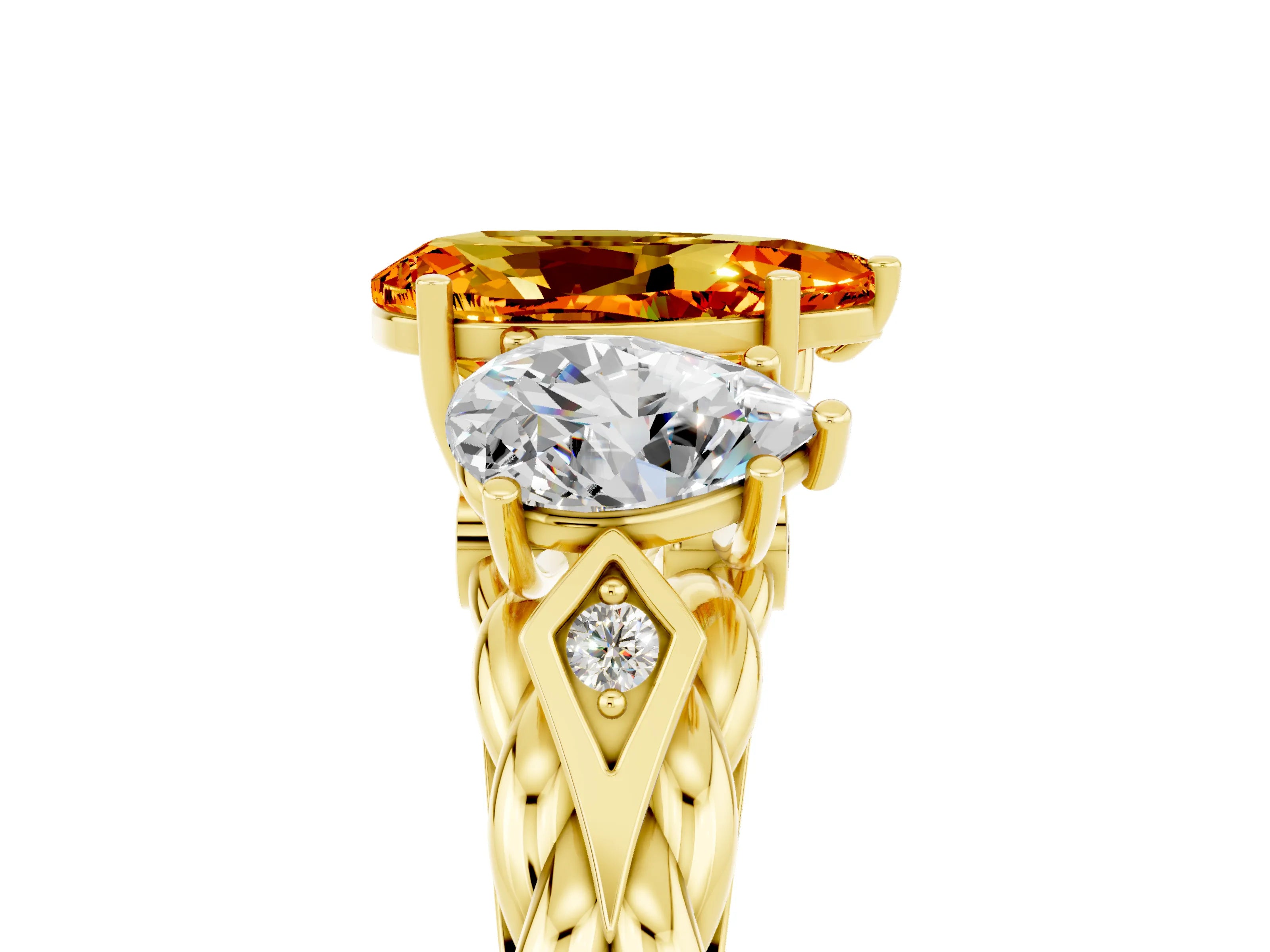 Yellow gold Three-Stone Pear Cut Citrine Braided Band Ring with Four-Prong Setting_17