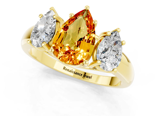 Yellow gold Three-Stone Pear Cut Citrine Engagement Ring with Prong Setting