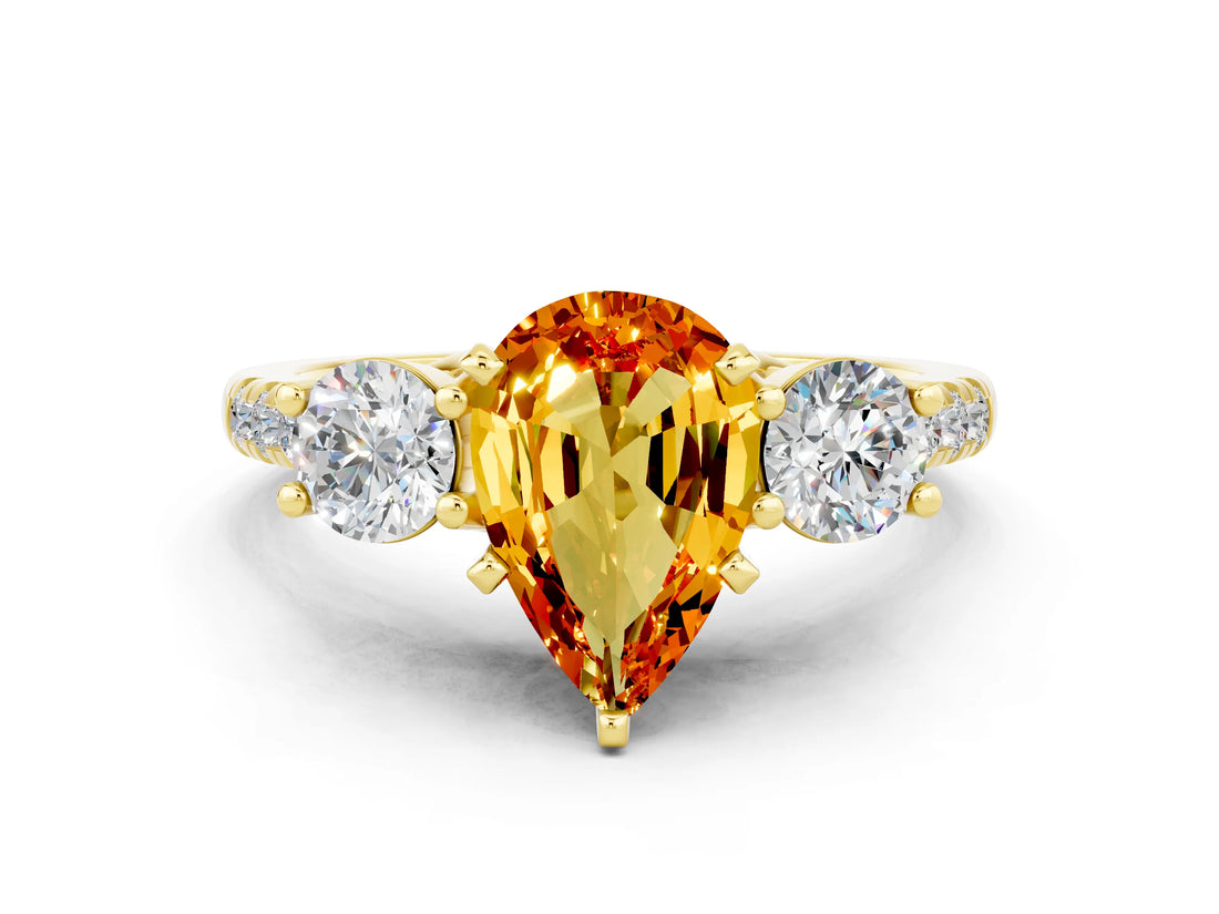 Yellow gold Three-Stone Pear Cut Citrine Pavé Band with Four-Prong Setting