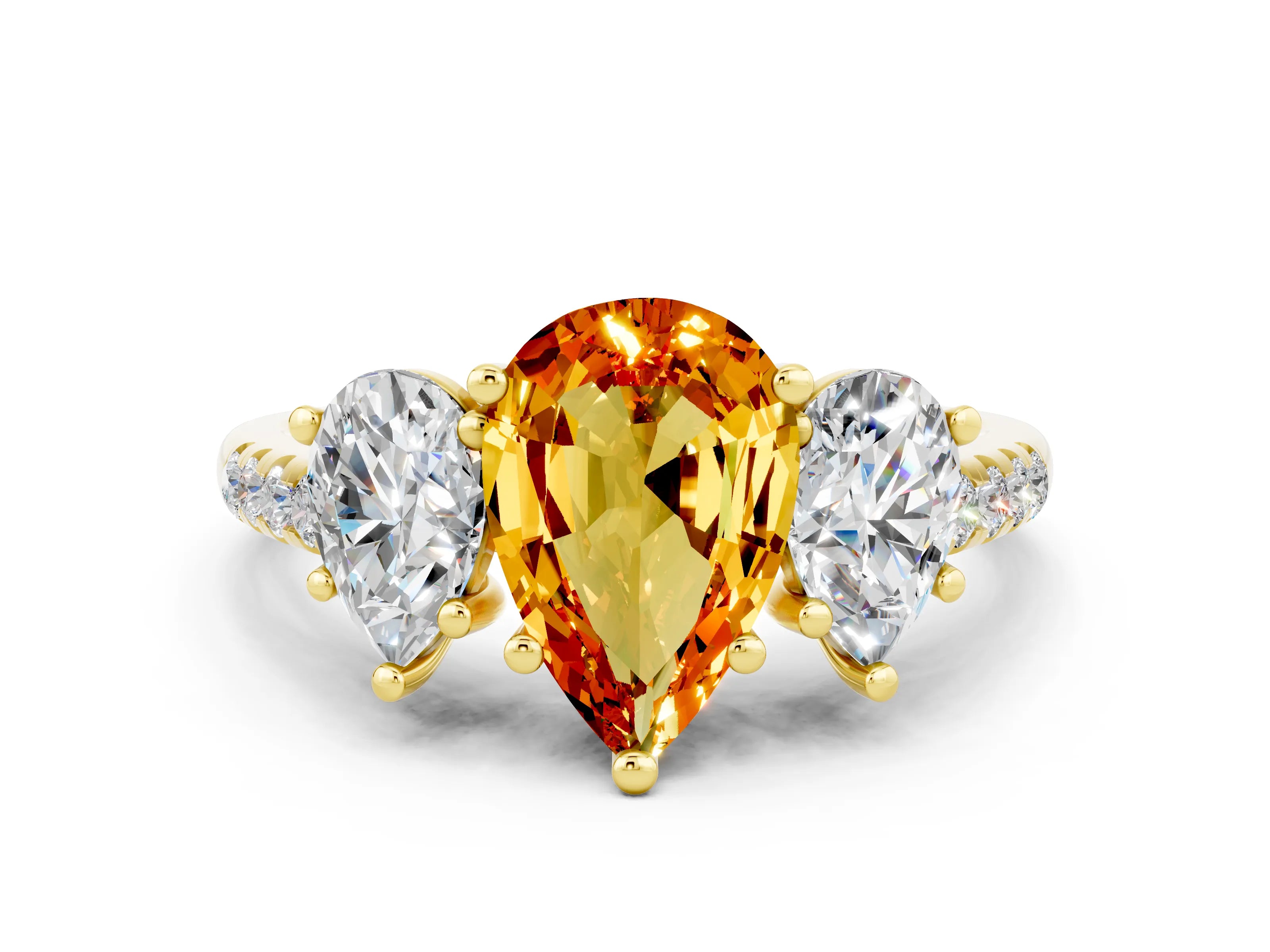 Yellow gold Three-Stone Pear Cut Citrine Ring with Pavé Band and Prong Setting_12
