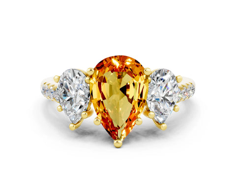 Yellow gold Three-Stone Pear Cut Citrine Ring with Pavé Band and Prong Setting_12