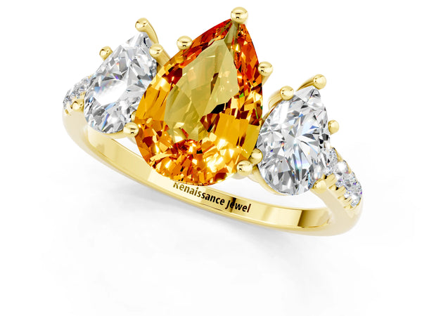 Yellow gold Three-Stone Pear Cut Citrine Ring with Round  Pavé Band and Prong Setting