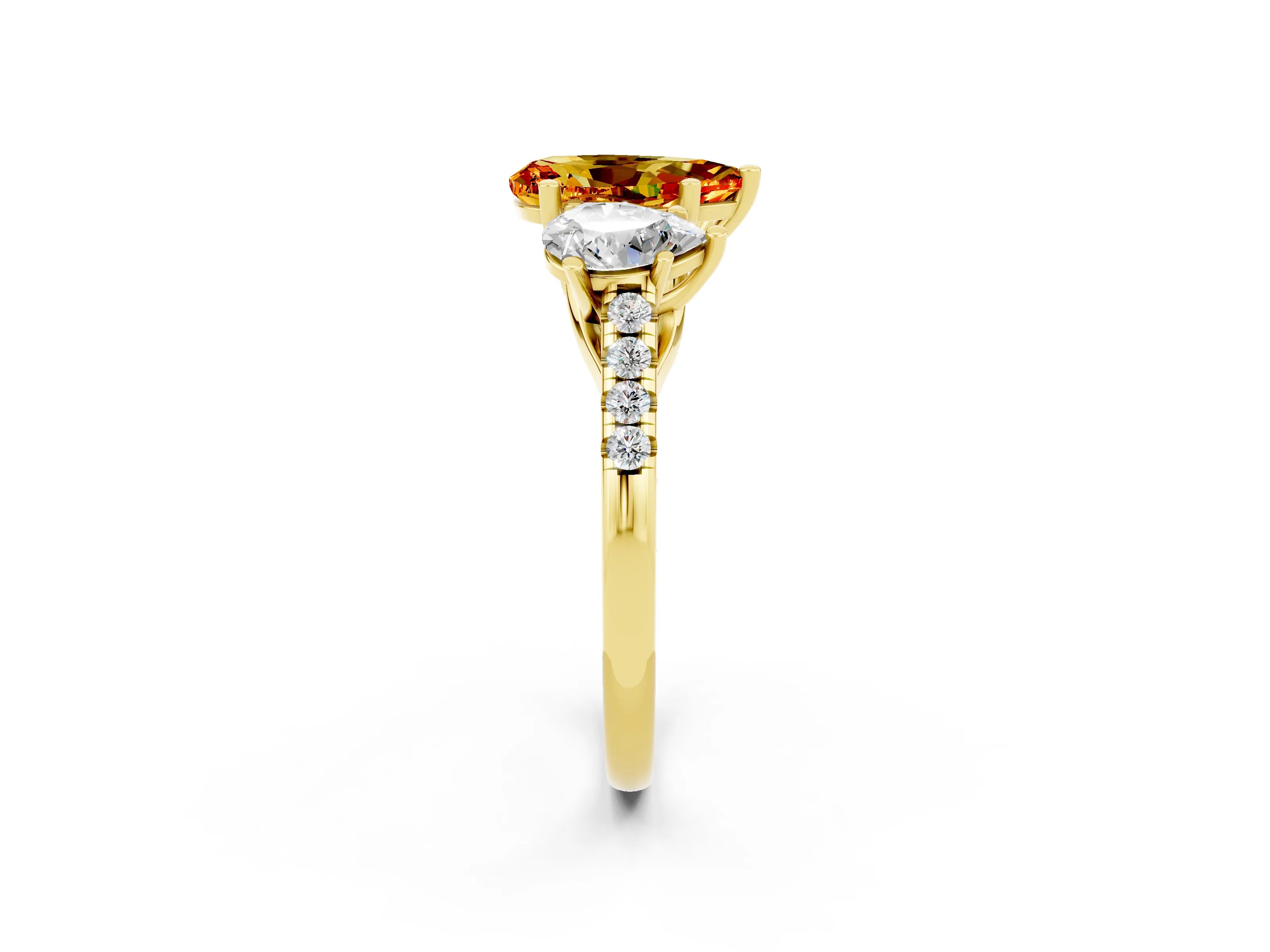 Yellow gold Three-Stone Pear Cut Citrine Ring with Pavé Band and Prong Setting_14