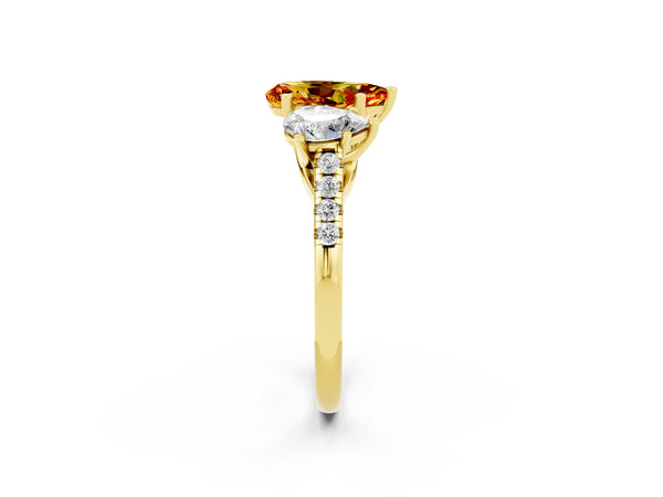 Yellow gold Three-Stone Pear Cut Citrine Ring with Round  Pavé Band and Prong Setting