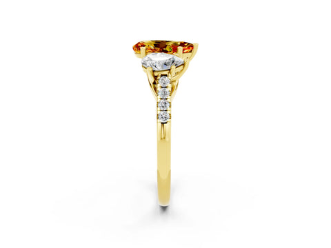 Yellow gold Three-Stone Pear Cut Citrine Ring with Pavé Band and Prong Setting_14