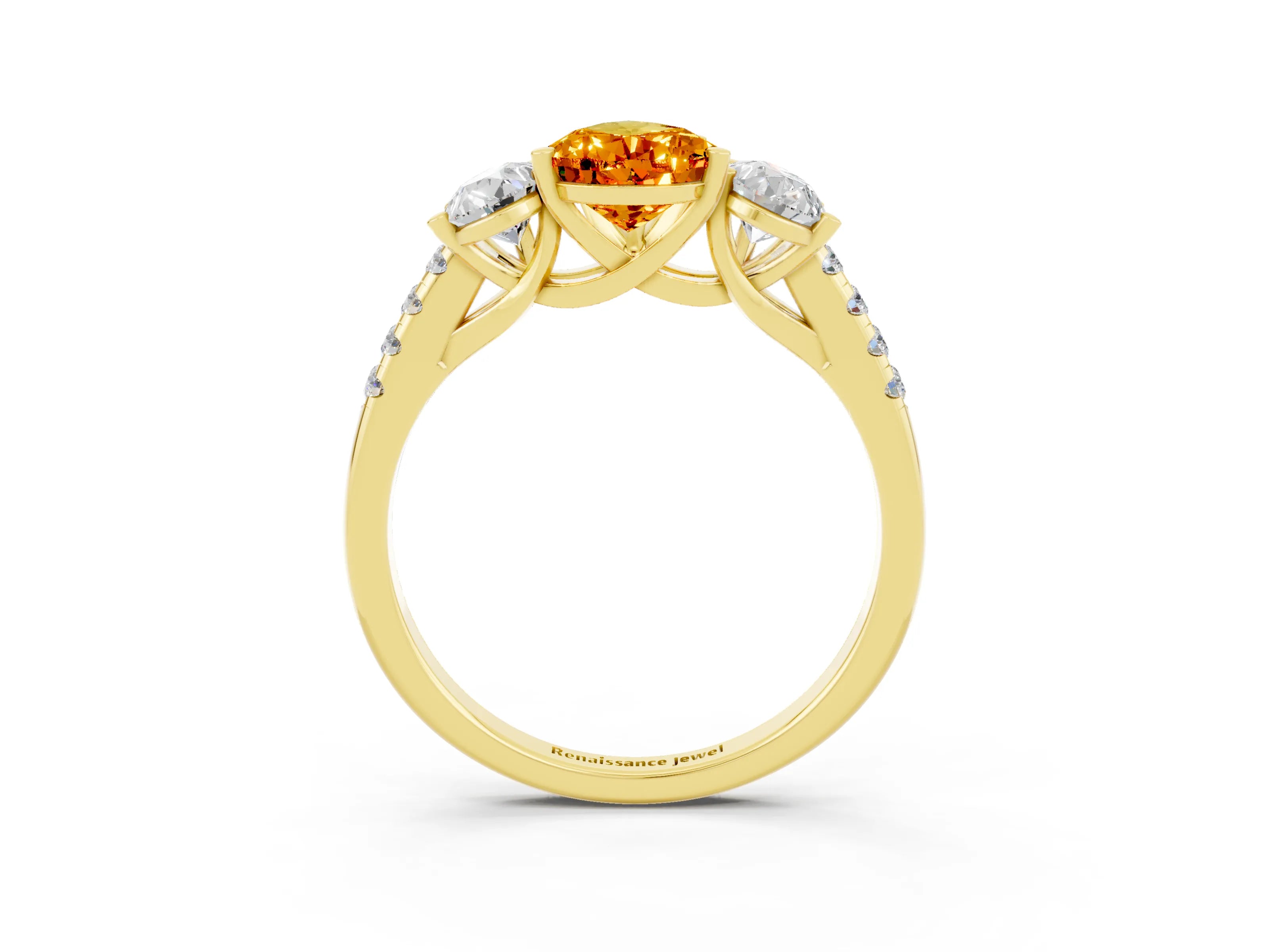 Yellow gold Three-Stone Pear Cut Citrine Ring with Pavé Band and Prong Setting_15