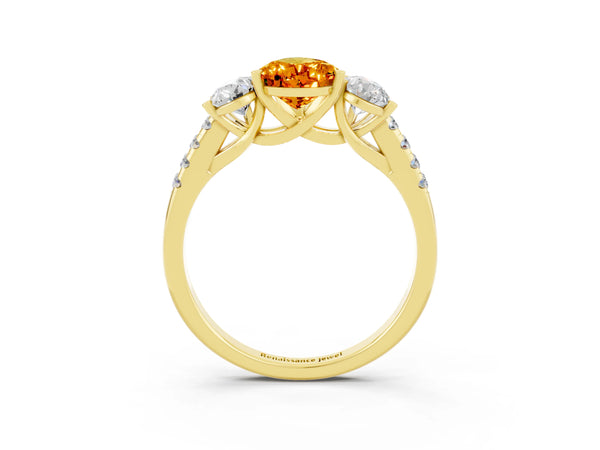 Yellow gold Three-Stone Pear Cut Citrine Ring with Round  Pavé Band and Prong Setting