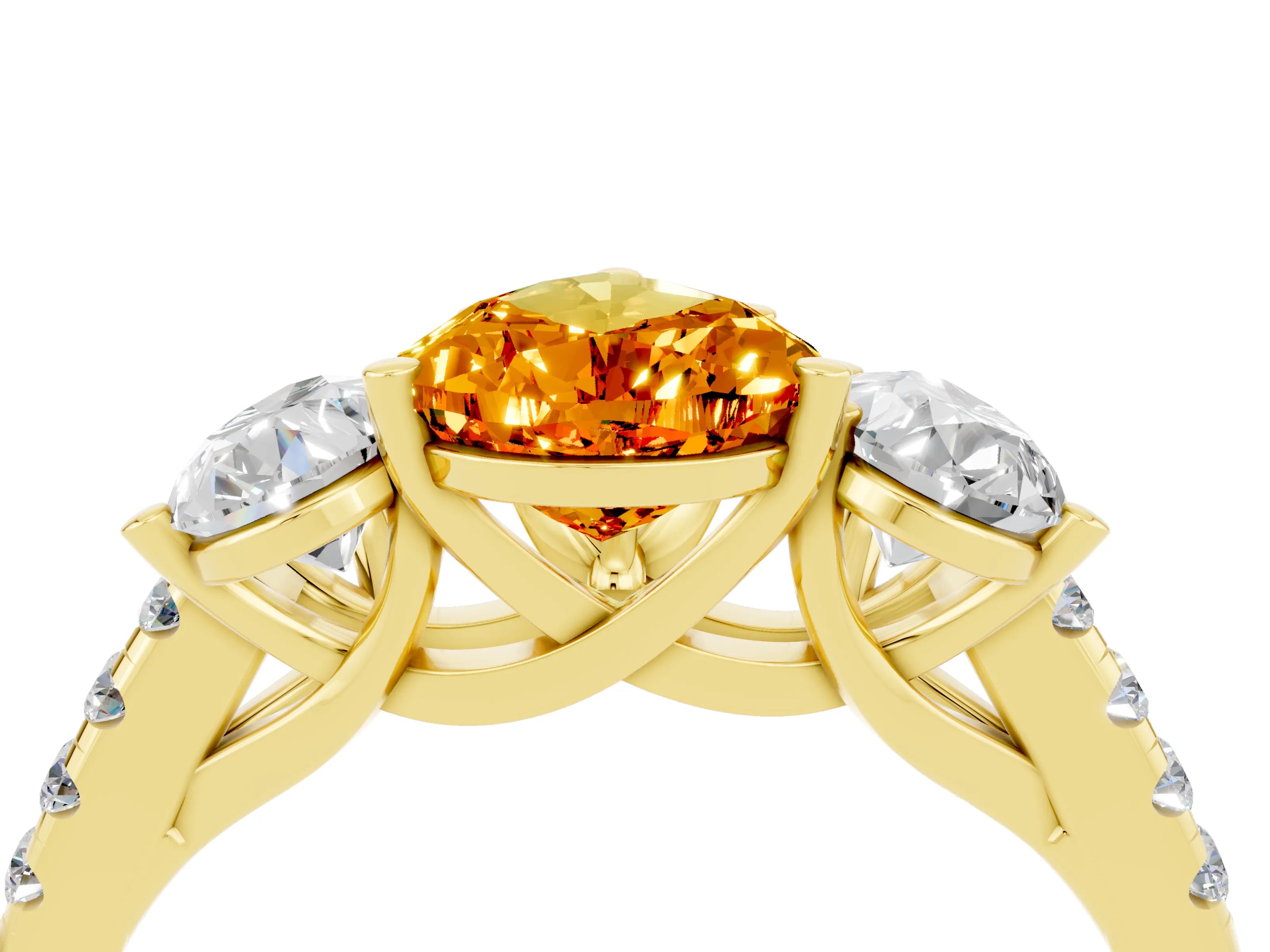 Yellow gold Three-Stone Pear Cut Citrine Ring with Pavé Band and Prong Setting_16