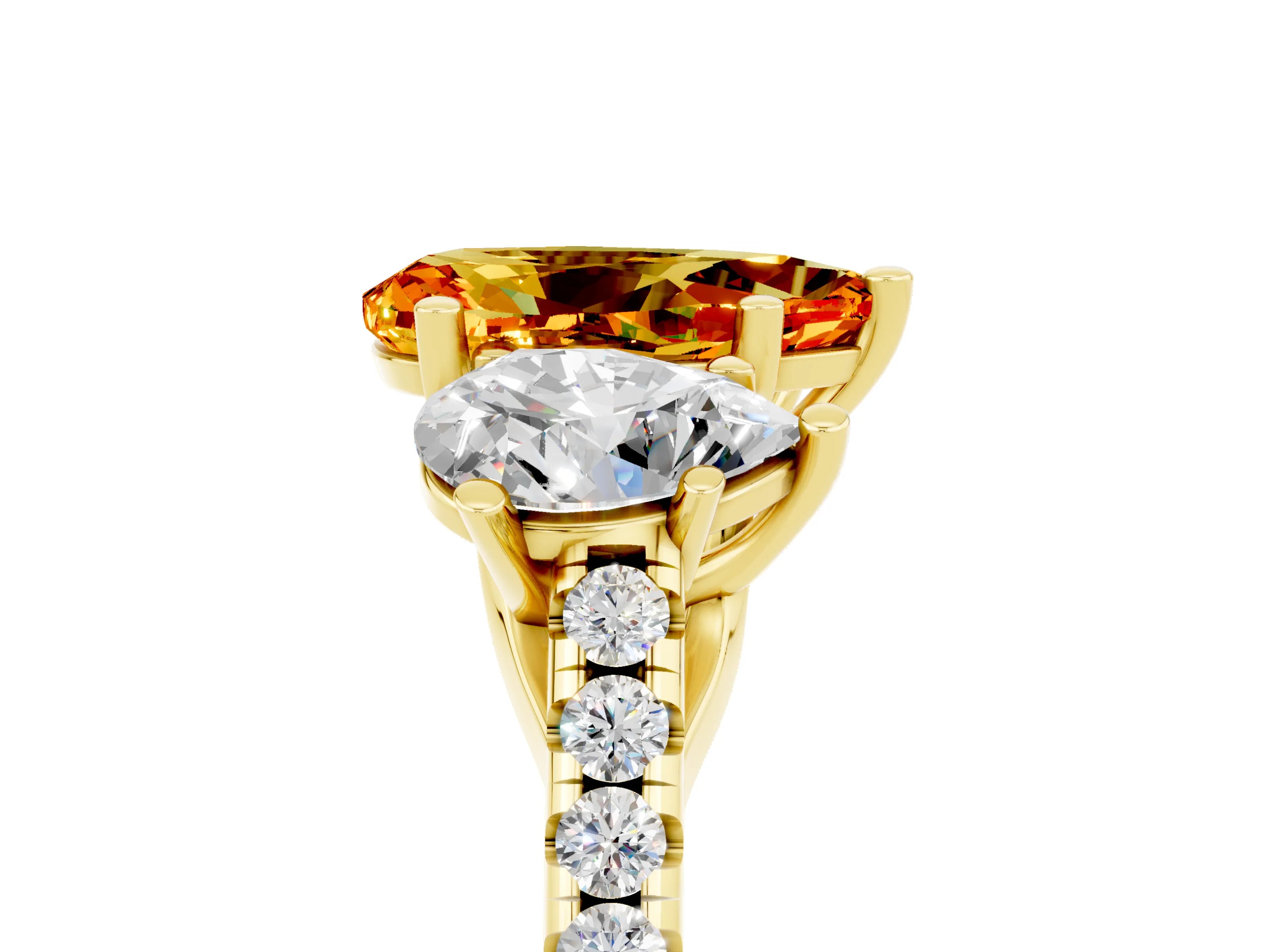 Yellow gold Three-Stone Pear Cut Citrine Ring with Pavé Band and Prong Setting_17