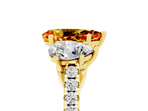 Yellow gold Three-Stone Pear Cut Citrine Ring with Pavé Band and Prong Setting_17