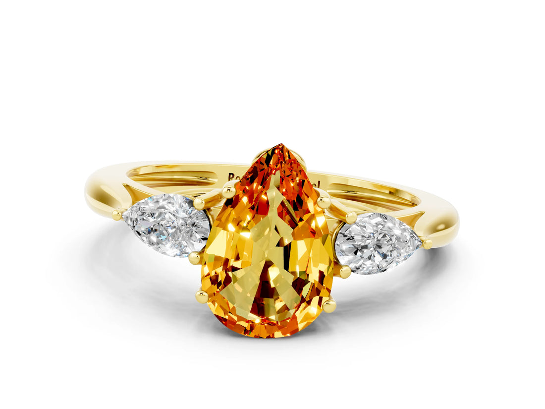 Yellow gold Three-Stone Pear Cut Citrine Ring with Pear  Side Stones in Four-Prong Setting_12