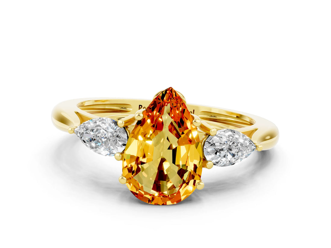 Yellow gold Three-Stone Pear Cut Citrine Ring with Pear  Side Stones in Four-Prong Setting_36