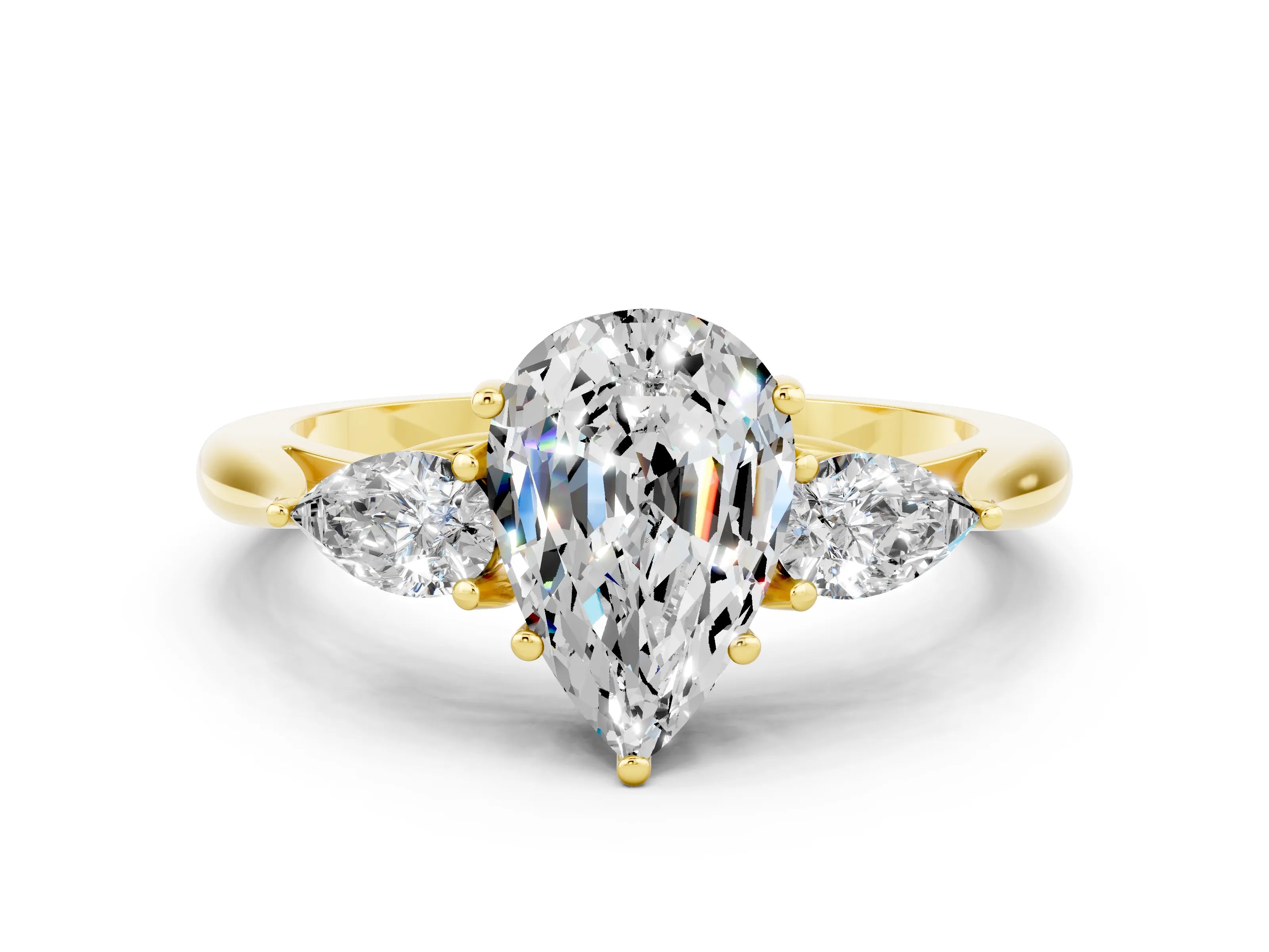 Yellow gold Three-Stone Pear Cut Cut Diamond Ring with Pear Side Stones in Four-Prong Setting