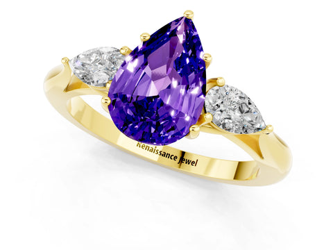 Yellow gold Three-Stone Pear Cut Cut Diamond Ring with Pear Side Stones in Four-Prong Setting_1