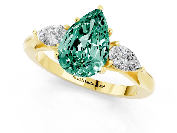 Yellow gold Three-Stone Pear Cut Green Sapphire Ring with Pear  Side Stones in Four-Prong Setting