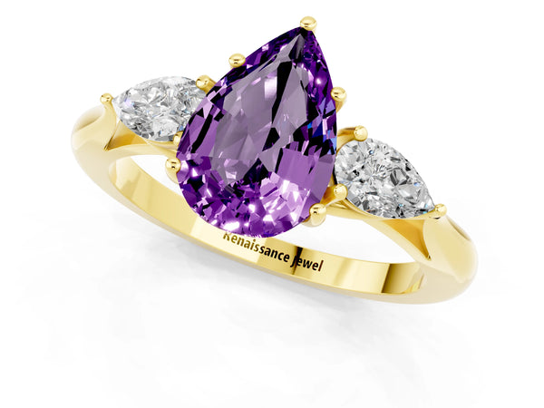 Yellow gold Three-Stone Pear Cut Amethyst Ring with Pear  Side Stones in Four-Prong Setting
