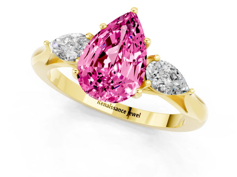 Yellow gold Three-Stone Pear Cut Cut Diamond Ring with Pear Side Stones in Four-Prong Setting_1