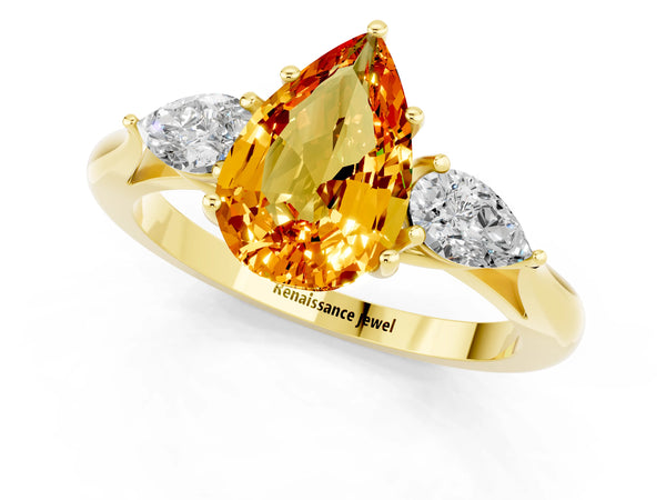 Yellow gold Three-Stone Pear Cut Citrine Ring with Pear  Side Stones in Four-Prong Setting