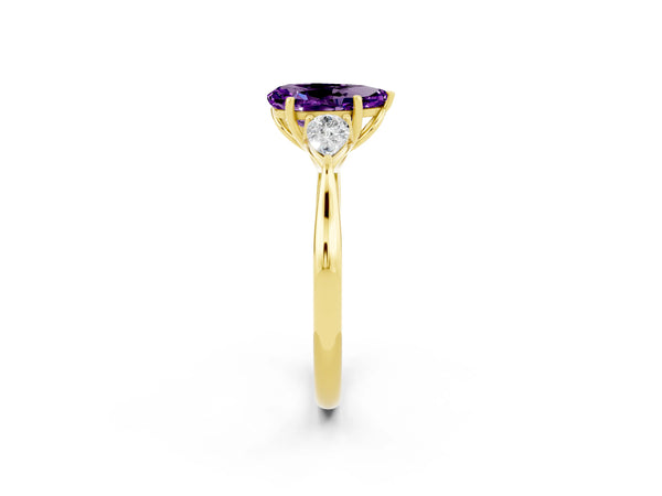 Yellow gold Three-Stone Pear Cut Amethyst Ring with Pear  Side Stones in Four-Prong Setting